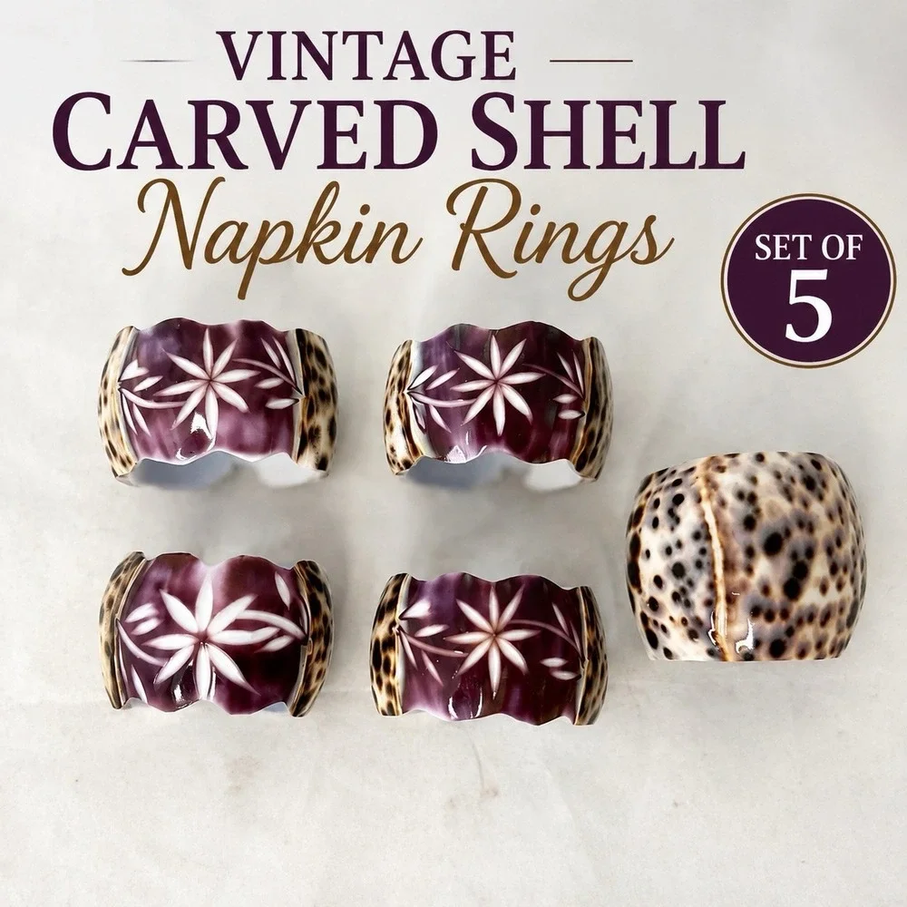 Vintage Carved Shell Napkin Rings Lot‎ Floral Purple Cowrie Seashell Boho
